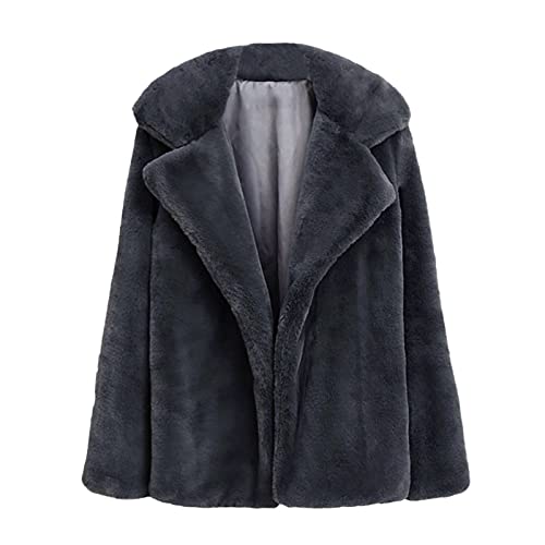 NHNKB Chaqueta de invierno para mujer de piel sintética, suave, parte delantera abierta, abrigo de invierno con solapa, gris, XXXL