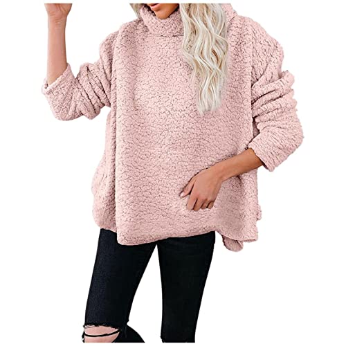 NHNKB Sudadera de forro polar para mujer, cuello alto, sudadera de forro polar, sudadera con capucha, Rosa., XXL