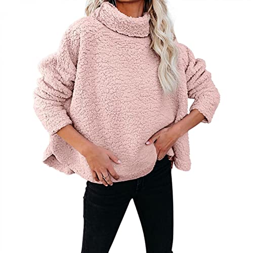 NHNKB Sudadera de forro polar para mujer, cuello alto, sudadera de forro polar, sudadera con capucha, Rosa., XXL