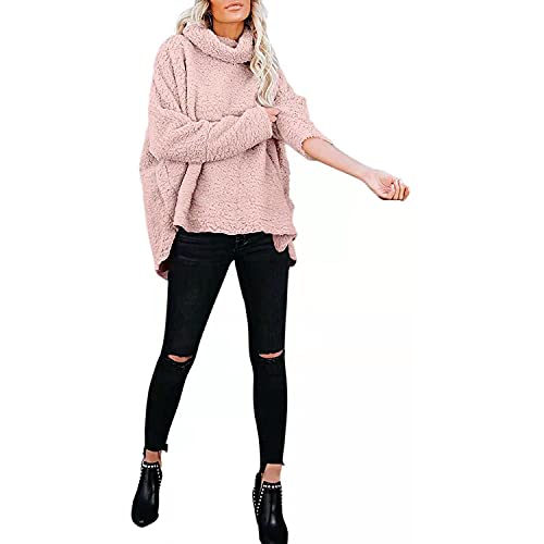 NHNKB Sudadera de forro polar para mujer, cuello alto, sudadera de forro polar, sudadera con capucha, Rosa., XXL