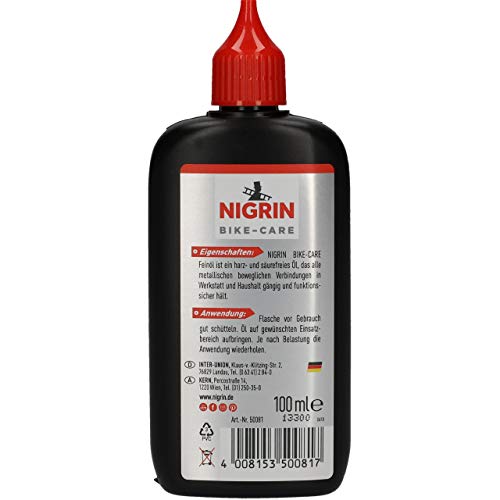 NIGRIN BIKE-CARE Aceite fino | Botella de 100 ml | Aceite para mecánica de precisión | para hobby y taller | sin resina ni ácidos | Color gris