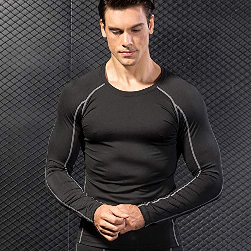 Niksa 2 Piezas Camisetas de Fitness Compresión Ropa Deportiva Manga Larga Hombre para Correr, Ejercicio,Gimnasio 1059 (X-Large(Fit Chest 38.5"-40.5"), (Manga Larga) Negro Gris+Azul Marino)