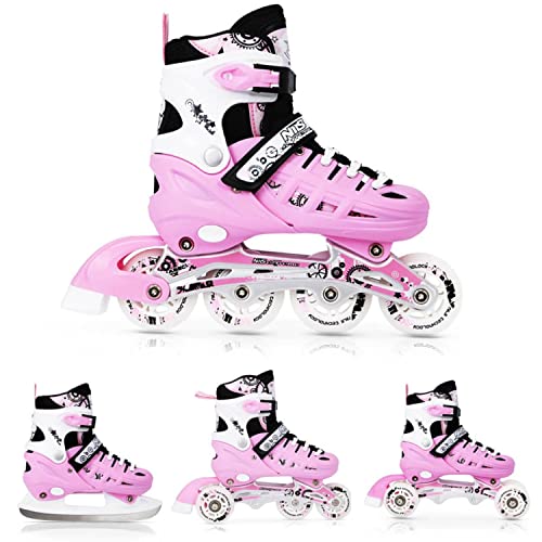 Nils NH10905 - Patines en línea para niños y niñas (4 en 1, ajustables, talla S (31-34), color rosa