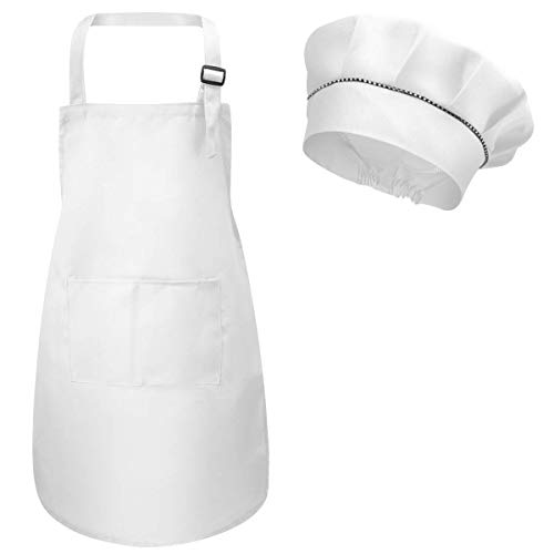 Niños Delantal y Gorro de Cocinero, Ajustable Infantil Delantales de Chef con Bolsillos para Niñas, Niñito Delantales de Cocina para Hornear Cocinar Pintura Artesanía (M para 3-6 Años) (Blanco)