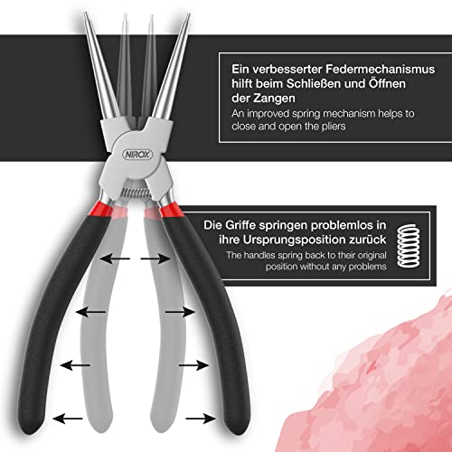 Nirox Juego de 4 Alicates para anillos de presión de 175 mm - Alicates para arandelas con puntas de precisión - Alicates circlip con mangos antideslizantes - Alicates en bolsa de almacenamiento