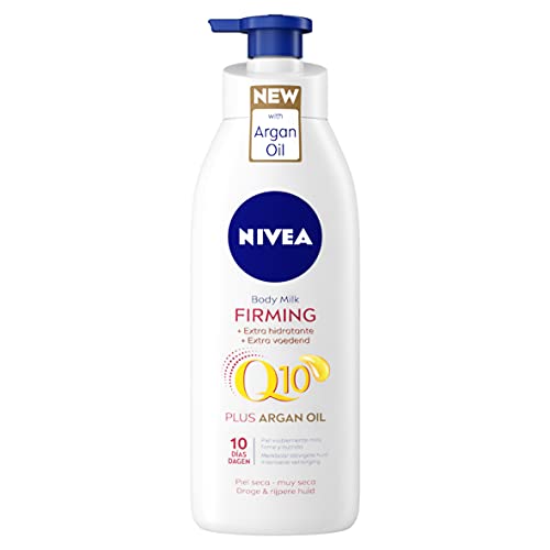 NIVEA Q10 Aceite de Argán Body Milk hidratante Reafirmante + Hidratante (1 x 400 ml), loción corporal para reafirmar la piel y mejorar su elasticidad en 10 días
