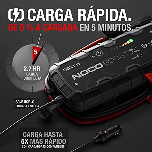 NOCO Boost X GBX155, 4250A 12V UltraSafe Arrancador de Litio, Bateria Booster Profesional, Cargador Powerbank y Cables de Arranque de Coche por Gasolina de hasta 10.0 Litros y Diésel de 8.0 Litros