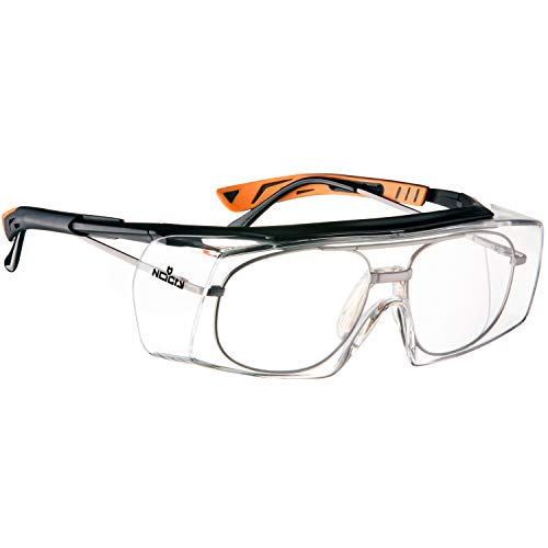 NoCry - Gafas de seguridad con lente óptica anti rasguños - Certificaciones ANSI Z87 y OSHA - varillas ajustables y protección (contra rayos de sol) UV 400 - marco negro y naranja