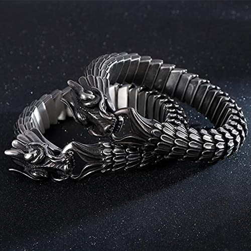 Nordic Men Pulsera Vikinga de Cadena de Eslabones de Dragón de Acero Inoxidable, Pulsera de Amuleto de Animales Pulido Pulido Hecho A Mano, Vintage Punk Bangles Biker Joyería Regalo (Size : 20CM)