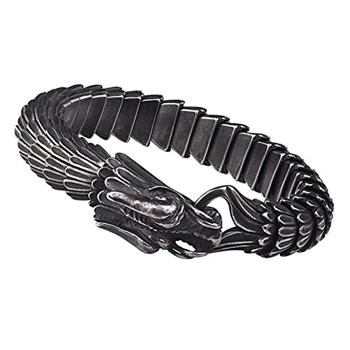 Nordic Men Pulsera Vikinga de Cadena de Eslabones de Dragón de Acero Inoxidable, Pulsera de Amuleto de Animales Pulido Pulido Hecho A Mano, Vintage Punk Bangles Biker Joyería Regalo (Size : 20CM)