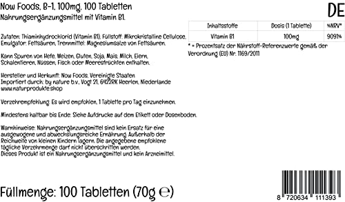 Now Foods, B-1, 100 mg, 100 comprimidos veganos, Probado en Laboratorio, Vitamina B1, Tiamina, Sin Gluten, Sin Soja, Vegetariano