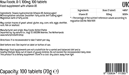 Now Foods, B-1, 100 mg, 100 comprimidos veganos, Probado en Laboratorio, Vitamina B1, Tiamina, Sin Gluten, Sin Soja, Vegetariano