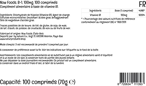 Now Foods, B-1, 100 mg, 100 comprimidos veganos, Probado en Laboratorio, Vitamina B1, Tiamina, Sin Gluten, Sin Soja, Vegetariano
