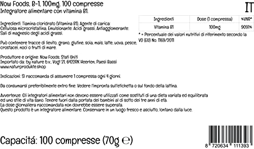 Now Foods, B-1, 100 mg, 100 comprimidos veganos, Probado en Laboratorio, Vitamina B1, Tiamina, Sin Gluten, Sin Soja, Vegetariano