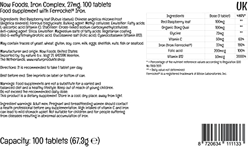 Now Foods, Iron Complex ( Complejo de Hierro ), 27 mg, 100 Comprimidos veganos, Probado en Laboratorio, Hierro, Vitaminas, Sin Gluten, Sin Soja, Vegetariano