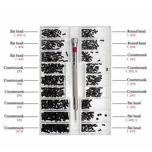 Nsiwem 1000 Piezas Tornillos para Ordenador Tornillo para Gafas Relojes Kit Tornillos para Reparación Reloj Kit de Surtido de Tornillos con Destornillador Negro y Plata 18 Tamaños