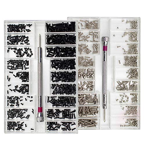 Nsiwem 1000 Piezas Tornillos para Ordenador Tornillo para Gafas Relojes Kit Tornillos para Reparación Reloj Kit de Surtido de Tornillos con Destornillador Negro y Plata 18 Tamaños