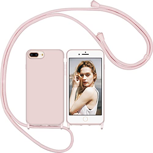 Nupcknn Funda Silicona Líquida con Cuerda para iPhone 7 Plus/8 Plus/6S Plus,Carcasa Suave Silicona Case con Correa Colgante Ajustable Collar de Cuello Cadena Cordón(Oro Rosa