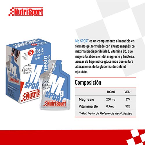 NUTRISPORT CLINICAL NUTRITION, S.A. - Mg Sport Gel, Magnesio Líquido, Caja de 5 Sobres Monodosis, 5x25 ml