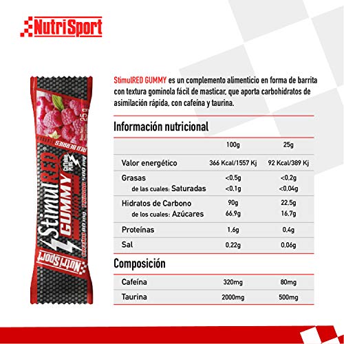 Nutrisport - StimulRed Gummy, Barrita Energética, Taurina y Cafeína, Energía Extra, Sabor Frutos Rojos, Caja de 28 Barritas, 28 x 25 gr