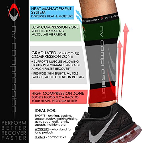 NV Compression 365 Calentadores de pantorrilla de compresión Negros - Compression Calf Sleeves - Black - For Sports Recovery, Work, Flight - Running, Cycling, Soccer, Rugby, Fitness, Gym, Golf, Tennis, Triathlon (Negro/Rojo, Small)