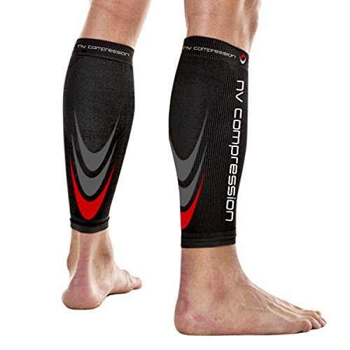 NV Compression 365 Calentadores de pantorrilla de compresión Negros - Compression Calf Sleeves - Black - For Sports Recovery, Work, Flight - Running, Cycling, Soccer, Rugby, Fitness, Gym, Golf, Tennis, Triathlon (Negro/Rojo, Small)