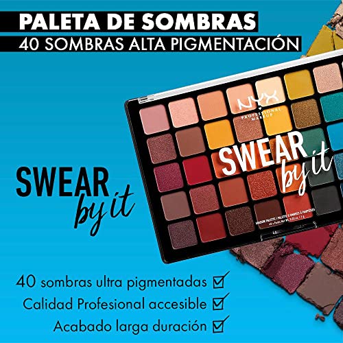 NYX Professional Makeup Paleta de sombra de ojos Swear By It Eye Shadow Palette, Tonos fríos y cálidos, Acabado mate, satinado y metalizado, 40 Colores