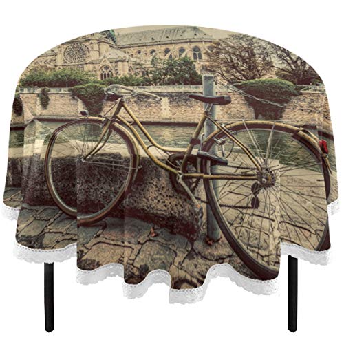 Oarencol Retro Bike Notre Dame Cathedral Paris Cycle France Sena Río Sena, Mantel redondo de poliéster lavable para mesa de 60 pulgadas