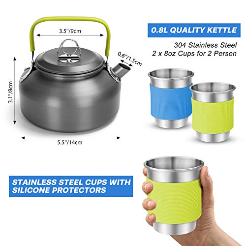 Odoland Kit de Utensilios de Cocina para Acampar de 15 Piezas para 1-2 Personas, Set de Ollas de Camping Antiadherentes con Tazas de Acero Inoxidable Platos Tenedores Cuchillos Cucharas