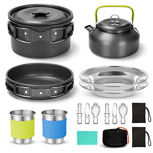 Odoland Kit de Utensilios de Cocina para Acampar de 15 Piezas para 1-2 Personas, Set de Ollas de Camping Antiadherentes con Tazas de Acero Inoxidable Platos Tenedores Cuchillos Cucharas