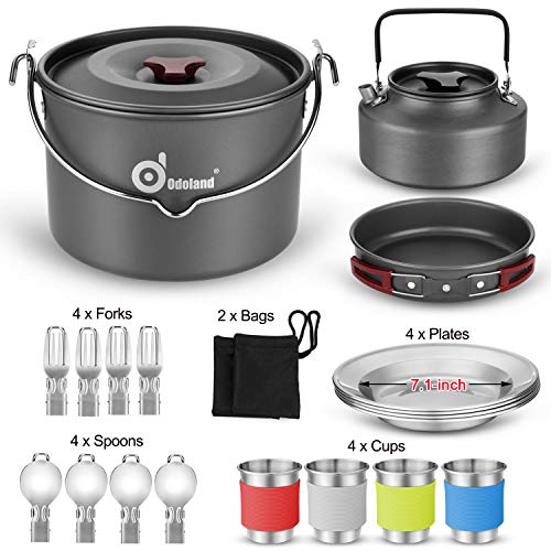 Odoland Utensilios Cocina Camping con Olla, Sartén, Hervidor de Camping, Plato, Tazas de Acero Inoxidable y Cubiertos Plegables, Kit de Cocina para Cocinar al Aire Libre