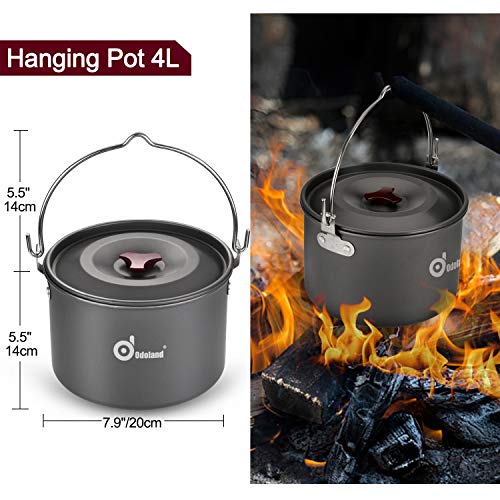 Odoland Utensilios Cocina Camping con Olla, Sartén, Hervidor de Camping, Plato, Tazas de Acero Inoxidable y Cubiertos Plegables, Kit de Cocina para Cocinar al Aire Libre