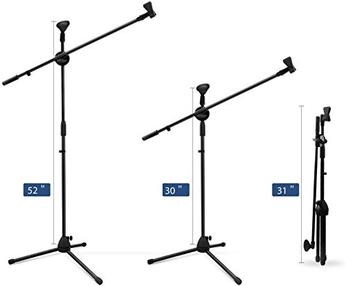 Ohuhu Soporte Para Micrófono, Trípode Genérico Pie de Micrófono, Soporte de Micrófono con Clip de Micrófono Doble, Plegable con Soporte de Boom, Ultraligero para Transporte Fácilmente, Negro