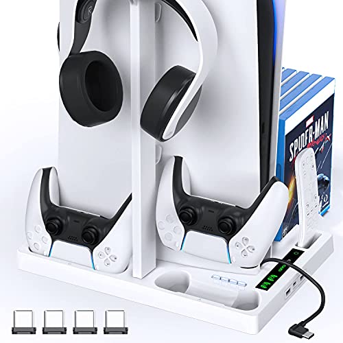 OIVO Soporte PS5 con Enfriador y Soporte para Auriculares, Enfriador PS5 y estación de Carga del Mando PS5 para Playstation 5, Accesorios PS5 para Consola PS5 con 15 Juegos Ranuras