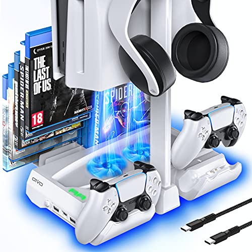 OIVO Ventilador PS5 con Cargador Mando PS5, Soporte PS5 con estación de Carga PS5, Soporte PS5 con Soporte Auriculares y 12 Soportes Juegos para Consola Playstation 5 y Accesorios PS5