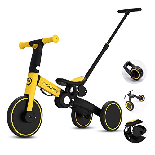 OLYSPM 5 en 1 Bicicleta sin Pedales para Niños,Triciclos Bebes,Triciclos para Niños de 1.5 a 5 Años,función Silla de Paseo,sillín Ajustable,Lindo de Regalo Favorito del Niño(Amarillo)