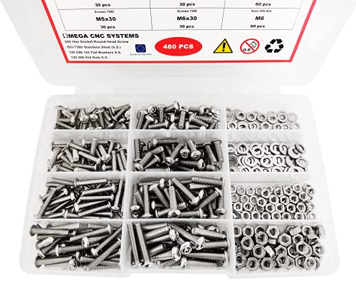 Omega Cnc Systems - Tornillos Allen Cabeza Redonda con Hexágono Interior ULS/ISO 7380, Tuercas DIN 934 A2 y Arandelas Planas DIN 125 en Acero Inoxidable 304 A2 Maletín Surtido M5 + M6 (480 Piezas)