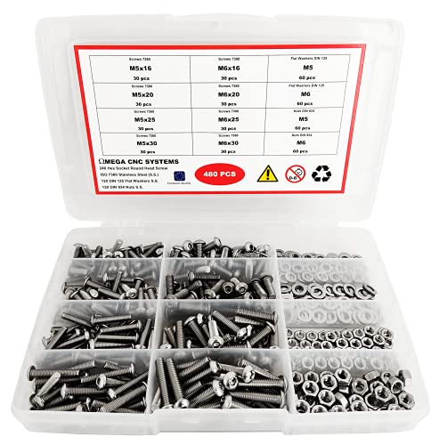 Omega Cnc Systems - Tornillos Allen Cabeza Redonda con Hexágono Interior ULS/ISO 7380, Tuercas DIN 934 A2 y Arandelas Planas DIN 125 en Acero Inoxidable 304 A2 Maletín Surtido M5 + M6 (480 Piezas)