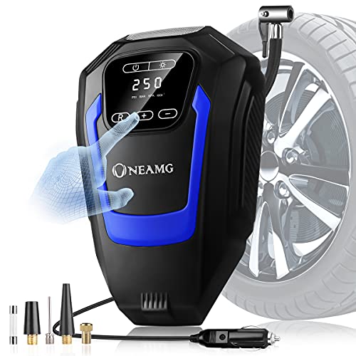 OneAmg Compresor Aire Coche Eléctrico Portátil Bomba de Aire Inflador Ruedas Coche Alimentado con Manómetro 12V con LED Luces de Emergencia para Hinchar Neumático de Moto Coche y Bicicleta (Azul)