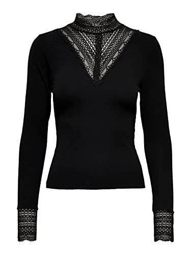 Only Onltilde L/S Noos-Top de Cuello Alto para jrs Camiseta de Manga Larga, Negro/Detalle: Black Lace, M para Mujer