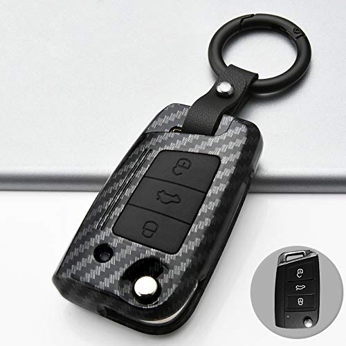 ontto Funda para llave de coche con mando a distancia para VW Golf 7 MK7 Polo T-ROC Tiguan Skoda Superb Octavia Seat Leon Ibiza ABS Carcasa llavero funda protectora de fibra de carbono negro B