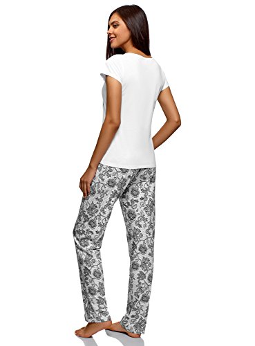 oodji Ultra Mujer Pijama de Algodón con Pantalones, Blanco, ES 36 / XS