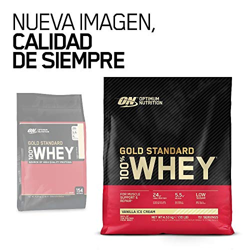 Optimum Nutrition Gold Standard 100% Whey Proteína en Polvo, Glutamina y Aminoácidos Naturales, BCAA, Helado de Vainilla, 151 Porciones, 4,53kg, Embalaje Puede Variar