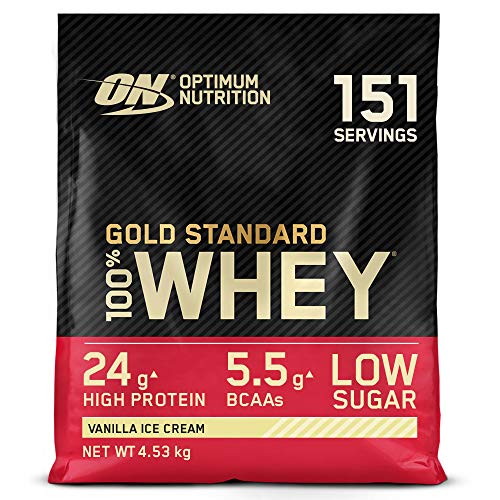 Optimum Nutrition Gold Standard 100% Whey Proteína en Polvo, Glutamina y Aminoácidos Naturales, BCAA, Helado de Vainilla, 151 Porciones, 4,53kg, Embalaje Puede Variar