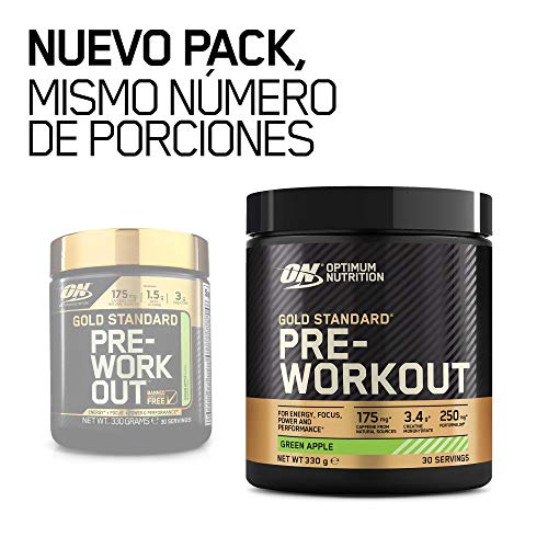 Optimum Nutrition Gold Standard Pre Workout en Polvo, Bebida Energética con Creatina Monohidratada, Beta Alanina, Cafeína y Vitamina B Complex, Manzana Verde, 30 Porciones, 330g, Embalaje Puede Variar