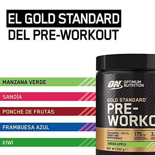 Optimum Nutrition Gold Standard Pre Workout en Polvo, Bebida Energética con Creatina Monohidratada, Beta Alanina, Cafeína y Vitamina B Complex, Manzana Verde, 30 Porciones, 330g, Embalaje Puede Variar