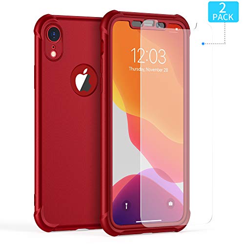 ORETECH Funda Compatible con iPhone XR, con 2 x Protector de Pantalla de Vidrio Templado 360°Carcasa para iPhone XR Case Silicona Ligera Delgado PC TPU Bumper Rubber Funda para iPhone XR Caso Rojo