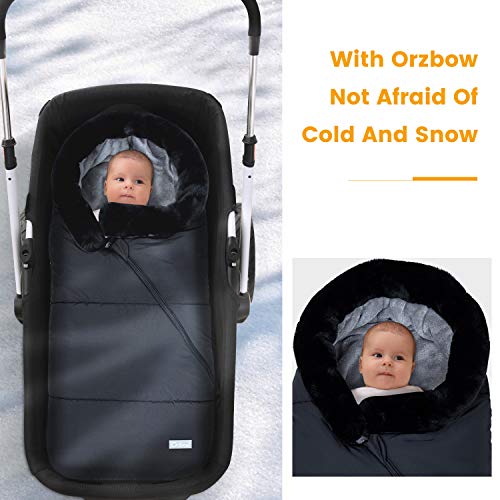 Orzbow Sacos Carrito Bebe Universal,Inviern Saco Silla Paseo,Saco Capazo Cochecito Bebe Con cuello de piel Impermeable a Pruebade Viento Forro de vellón polar (Negro)