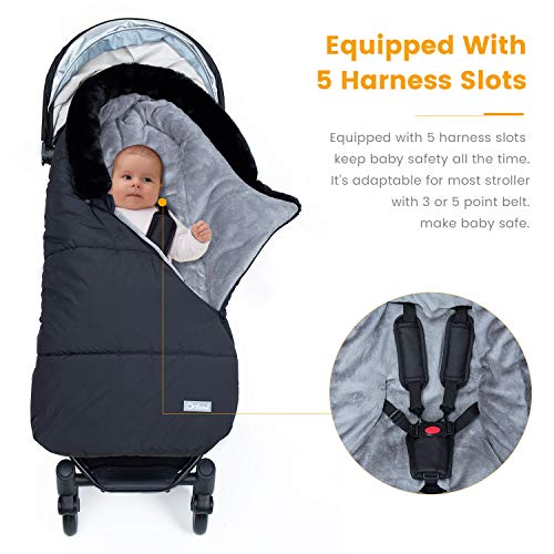 Orzbow Sacos Carrito Bebe Universal,Inviern Saco Silla Paseo,Saco Capazo Cochecito Bebe Con cuello de piel Impermeable a Pruebade Viento Forro de vellón polar (Negro)