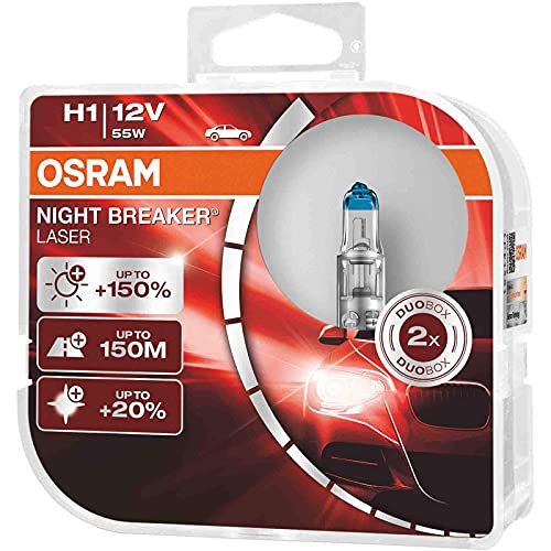 OSRAM NIGHT BREAKER LASER H1, +150% más de luz, lámpara halógena para faros, 64150NL-HCB, coche de 12 V, caja dúo (2 lámparas)